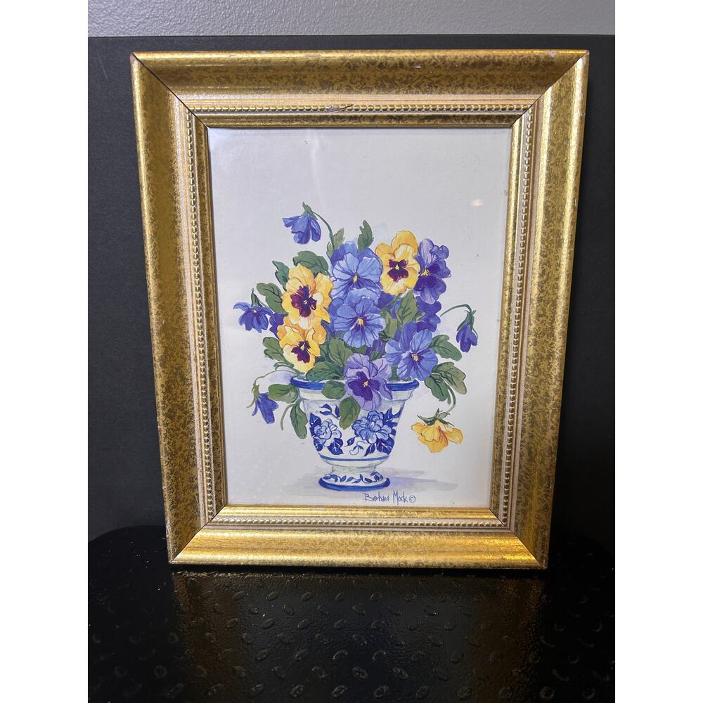 vintage Barbara Mock print titled "Blue and White Porcelain Pansies,"